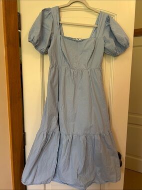 Astr Light Blue Square Neck Puff Sleeve Dress